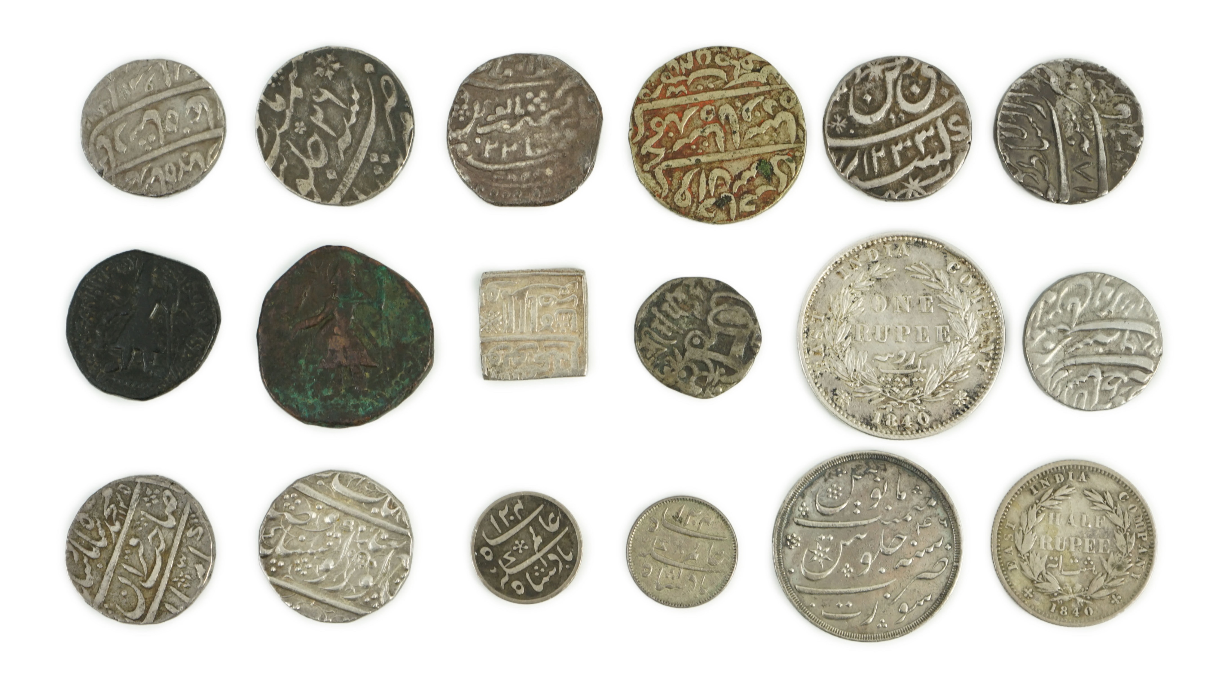 A collection of Indian coins mostly 16th-19th century, and UK silver crowns, half crowns and medals